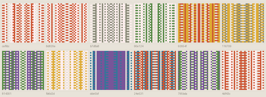 Twelve small pixel portraits, symmetric down the middle, in two colours each. Under each is a six-character address.