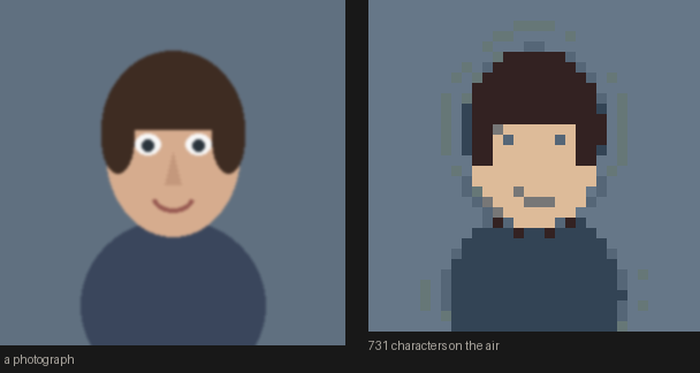 A photograph of a person beside the same photograph reduced to thirty-two pixels square in eight colours. The small version still has eyes, hair and a mouth.
